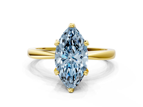 Yellow gold Fancy Blue Marquise Cut Solitaire Engagement Ring with Six-Prong Setting and Tapered Band