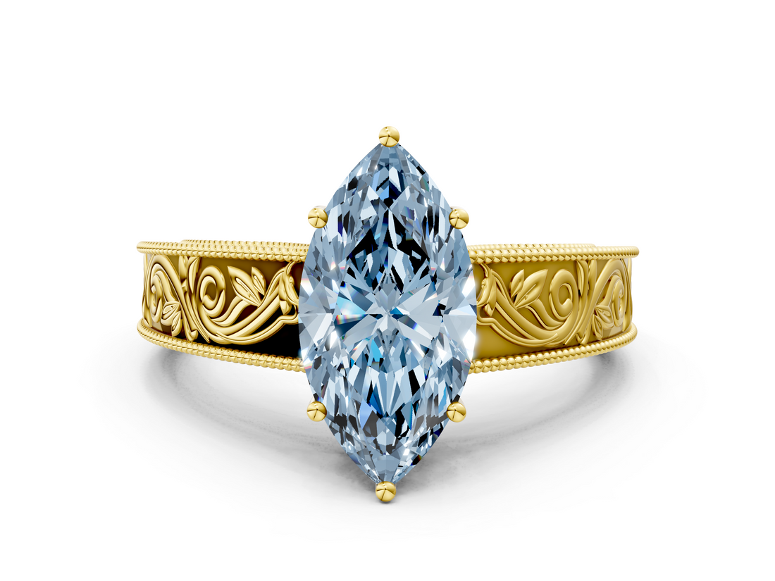 Yellow gold Fancy Blue Marquise  Cut Solitaire Engraved Band with Four-Prong Setting_62