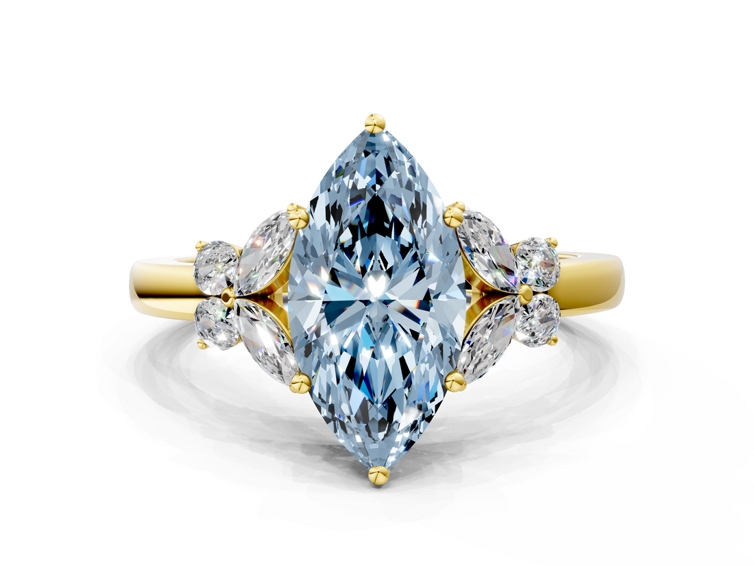 Yellow gold Fancy Blue Marquise  Cut Solitaire Floral Diamond Ring with Four-Prong Setting_54