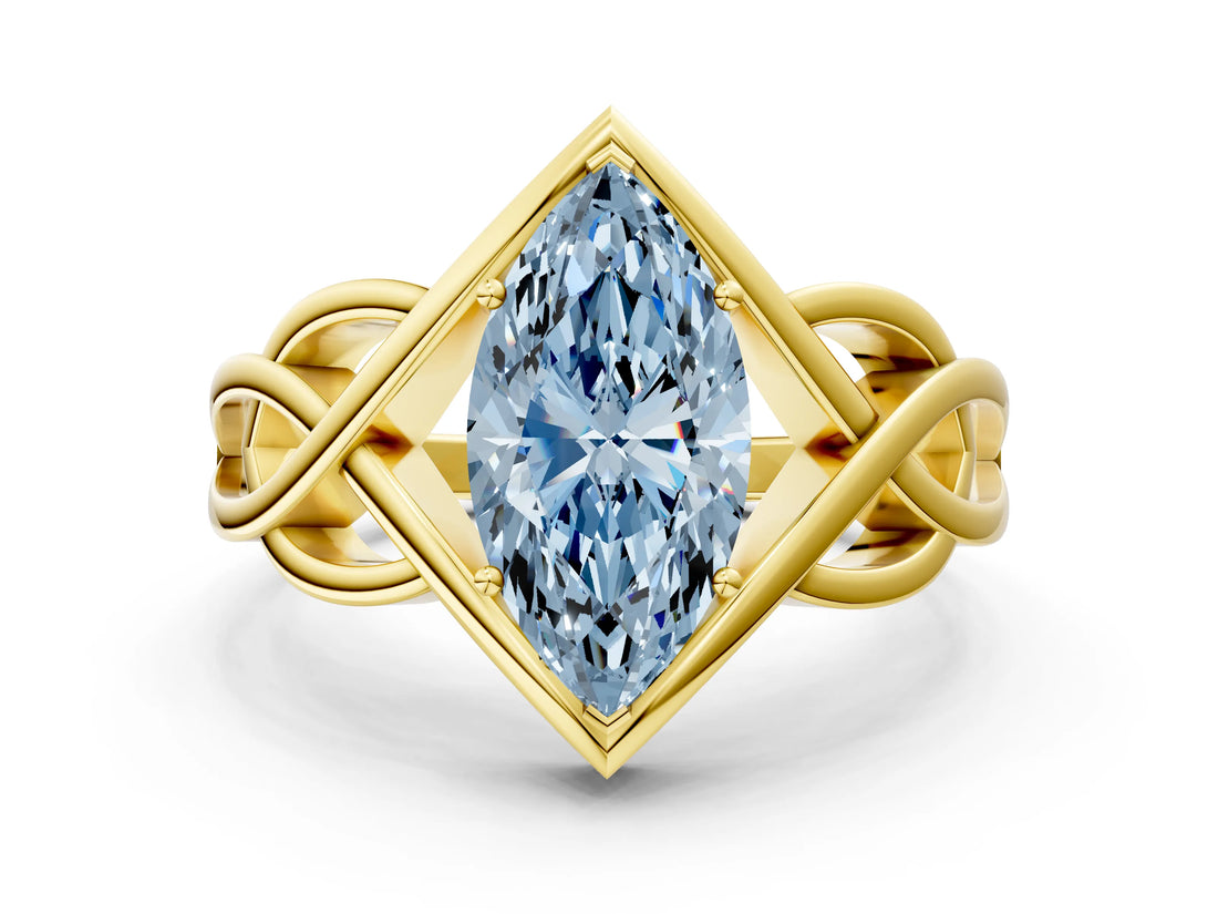 Yellow gold Fancy Blue Marquise Cut Solitaire Intertwined Band Prong Setting Ring