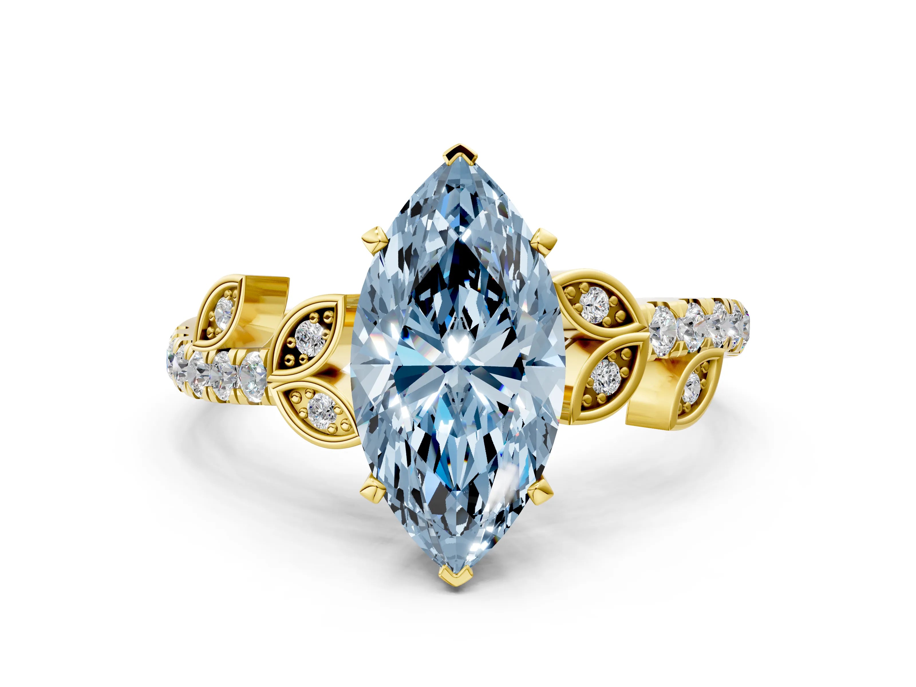 Yellow gold Fancy Blue Marquise Cut Solitaire Leaf-Inspired Diamond Ring with Pavé Band and Four-Prong Setting