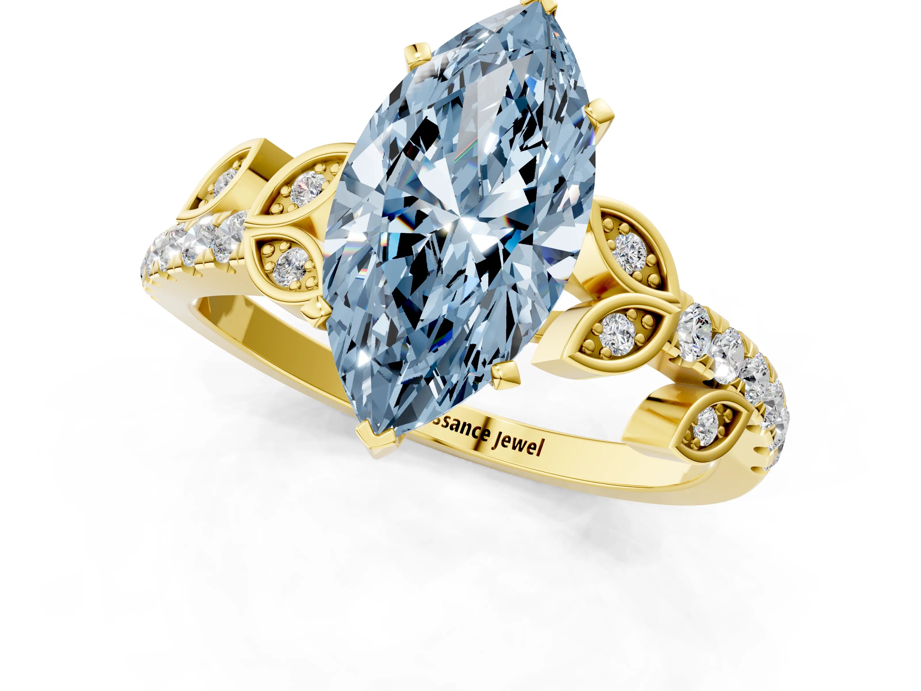 Yellow gold Fancy Blue Marquise Cut Solitaire Leaf-Inspired Diamond Ring with Pavé Band and Four-Prong Setting_1