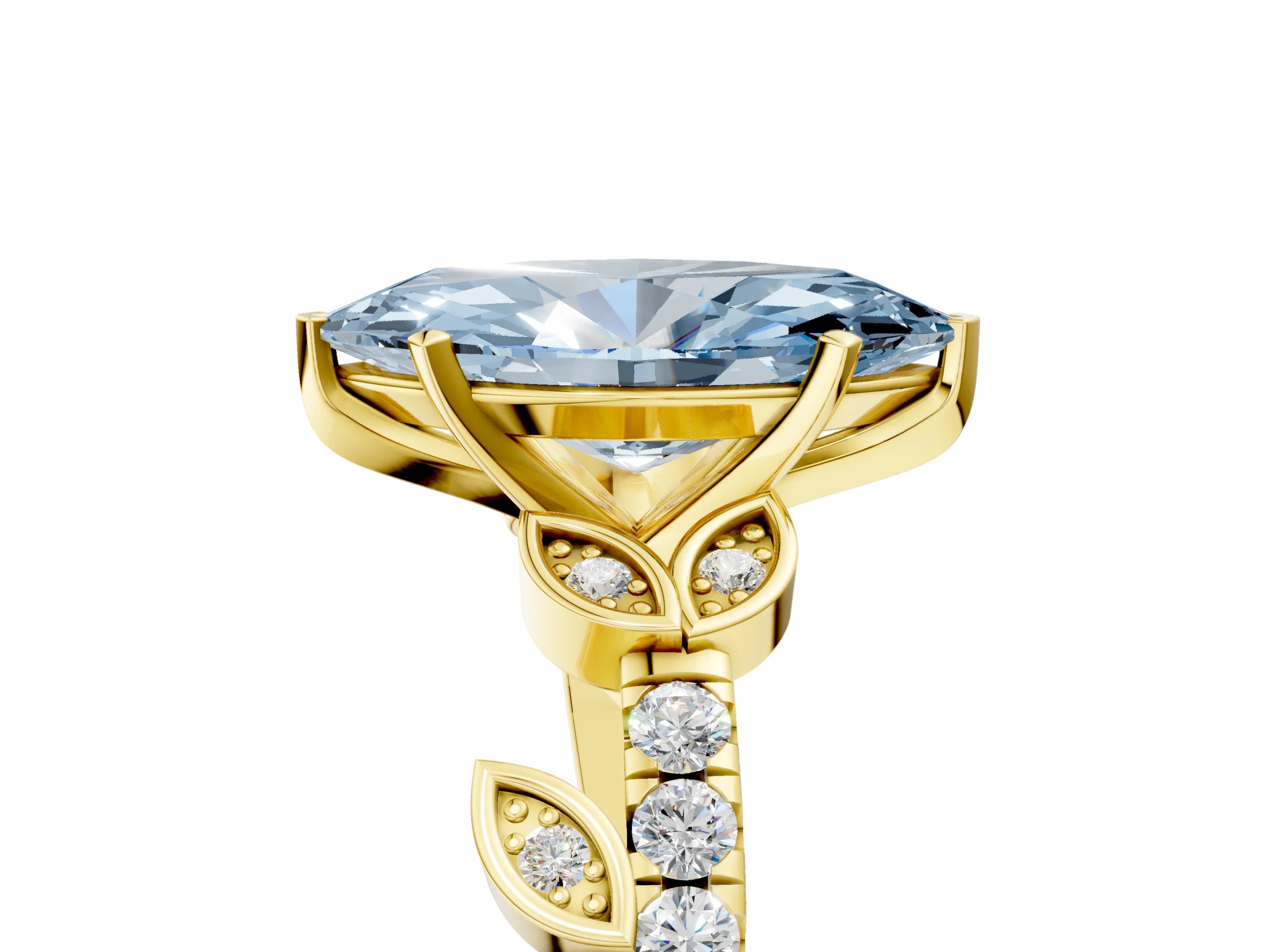 Yellow gold Fancy Blue Marquise Cut Solitaire Leaf-Inspired Diamond Ring with Pavé Band and Four-Prong Setting_5