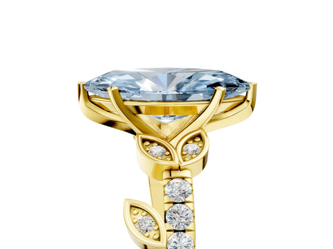 Yellow gold Fancy Blue Marquise Cut Solitaire Leaf-Inspired Diamond Ring with Pavé Band and Four-Prong Setting_5