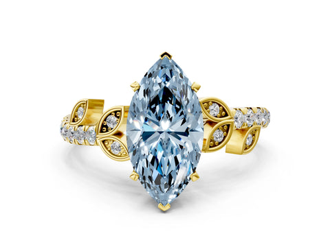 Yellow gold Fancy Blue Marquise Cut Solitaire Leaf-Inspired Diamond Ring with Pavé Band and Four-Prong Setting