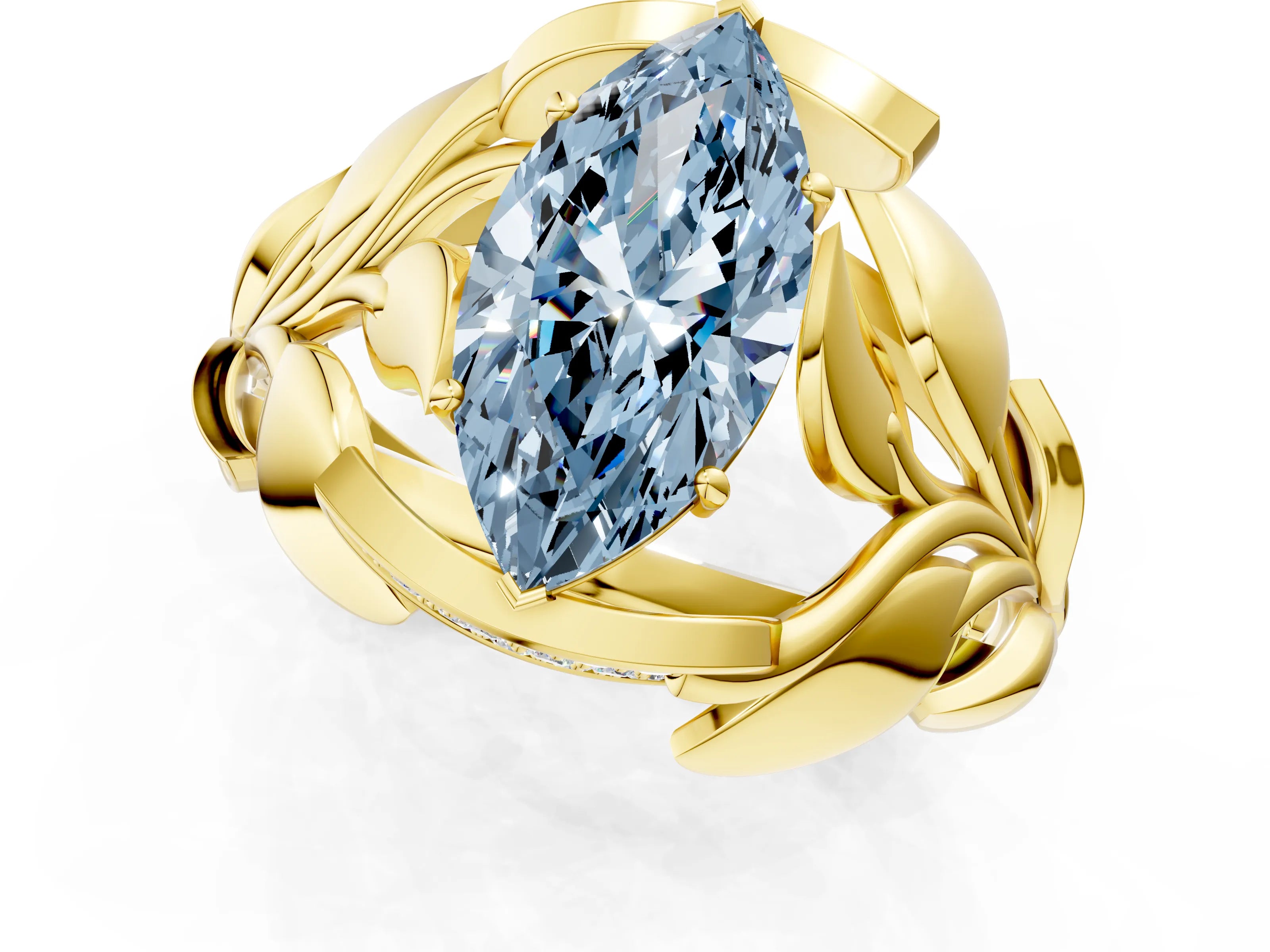 Yellow gold Fancy Blue Marquise Cut Solitaire Leaf-Inspired Engagement Ring with Prong Setting_1