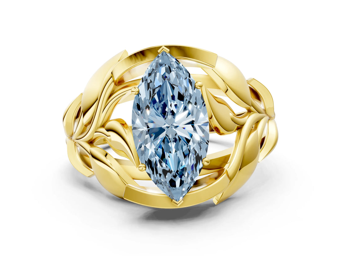 Yellow gold Fancy Blue Marquise Cut Solitaire Leaf-Inspired Engagement Ring with Prong Setting_12