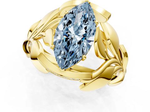 Yellow gold Fancy Blue Marquise Cut Solitaire Leaf-Inspired Engagement Ring with Prong Setting_1