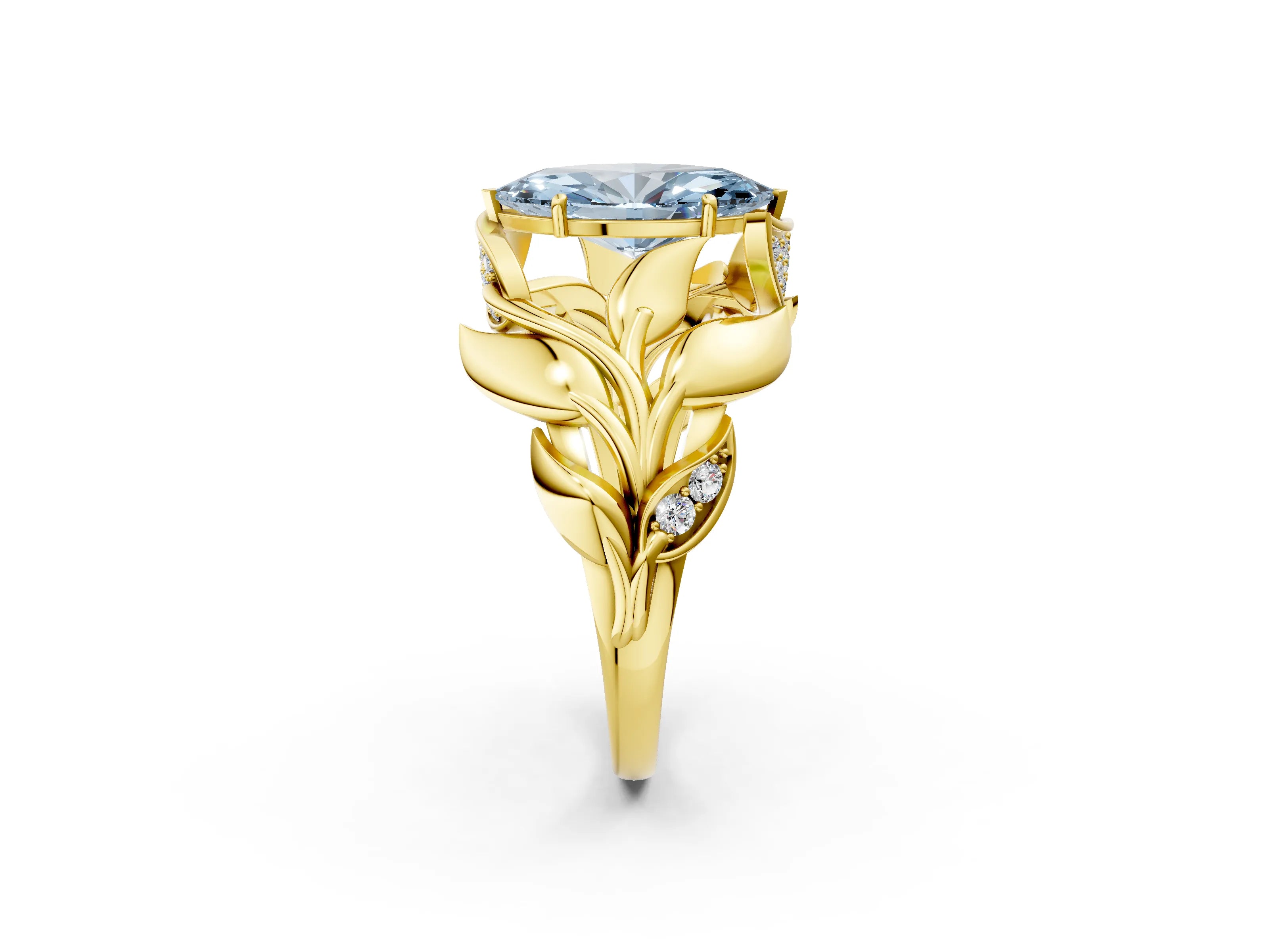 Yellow gold Fancy Blue Marquise Cut Solitaire Leaf-Inspired Engagement Ring with Prong Setting_2