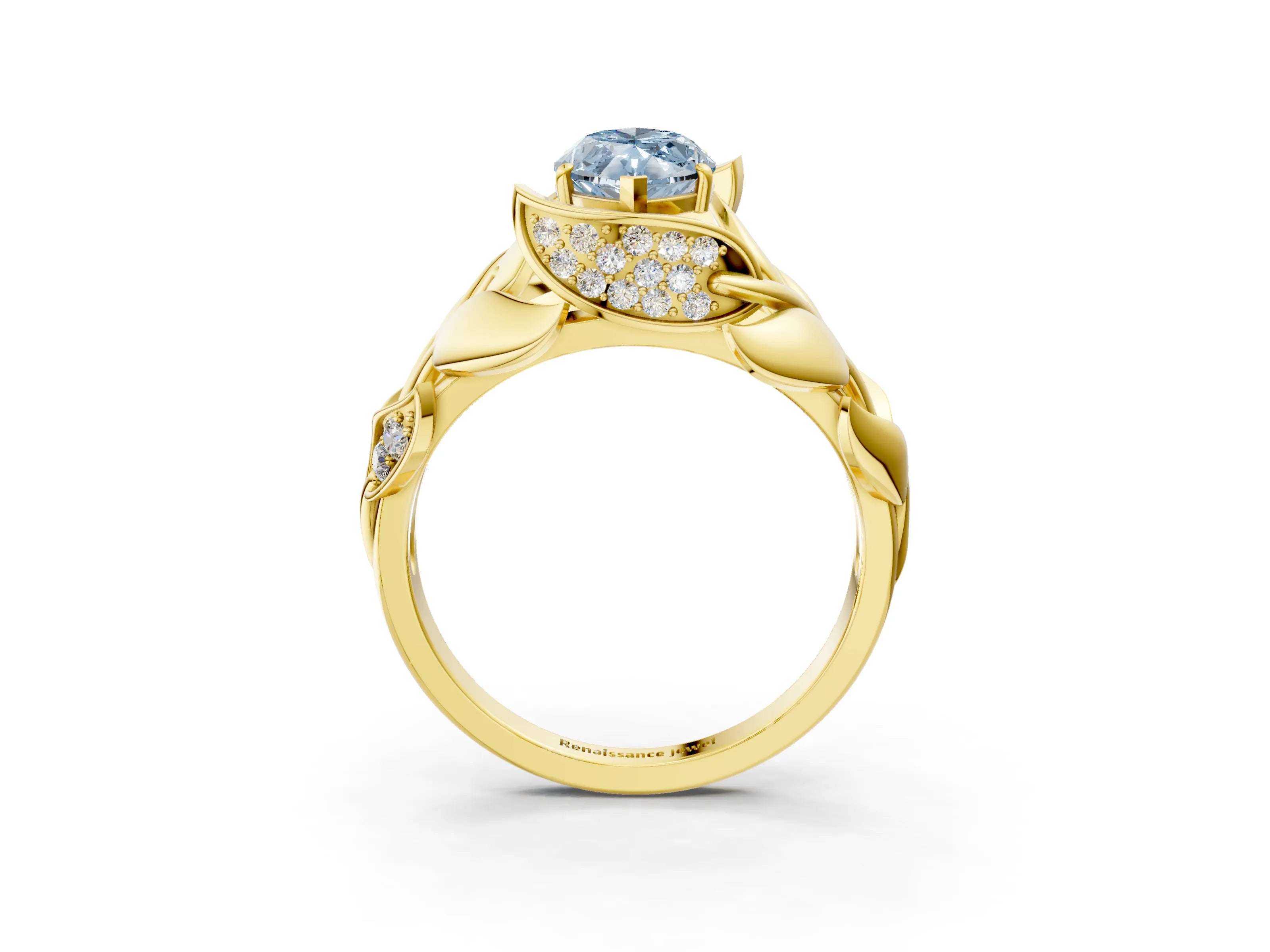 Yellow gold Fancy Blue Marquise Cut Solitaire Leaf-Inspired Engagement Ring with Prong Setting_3