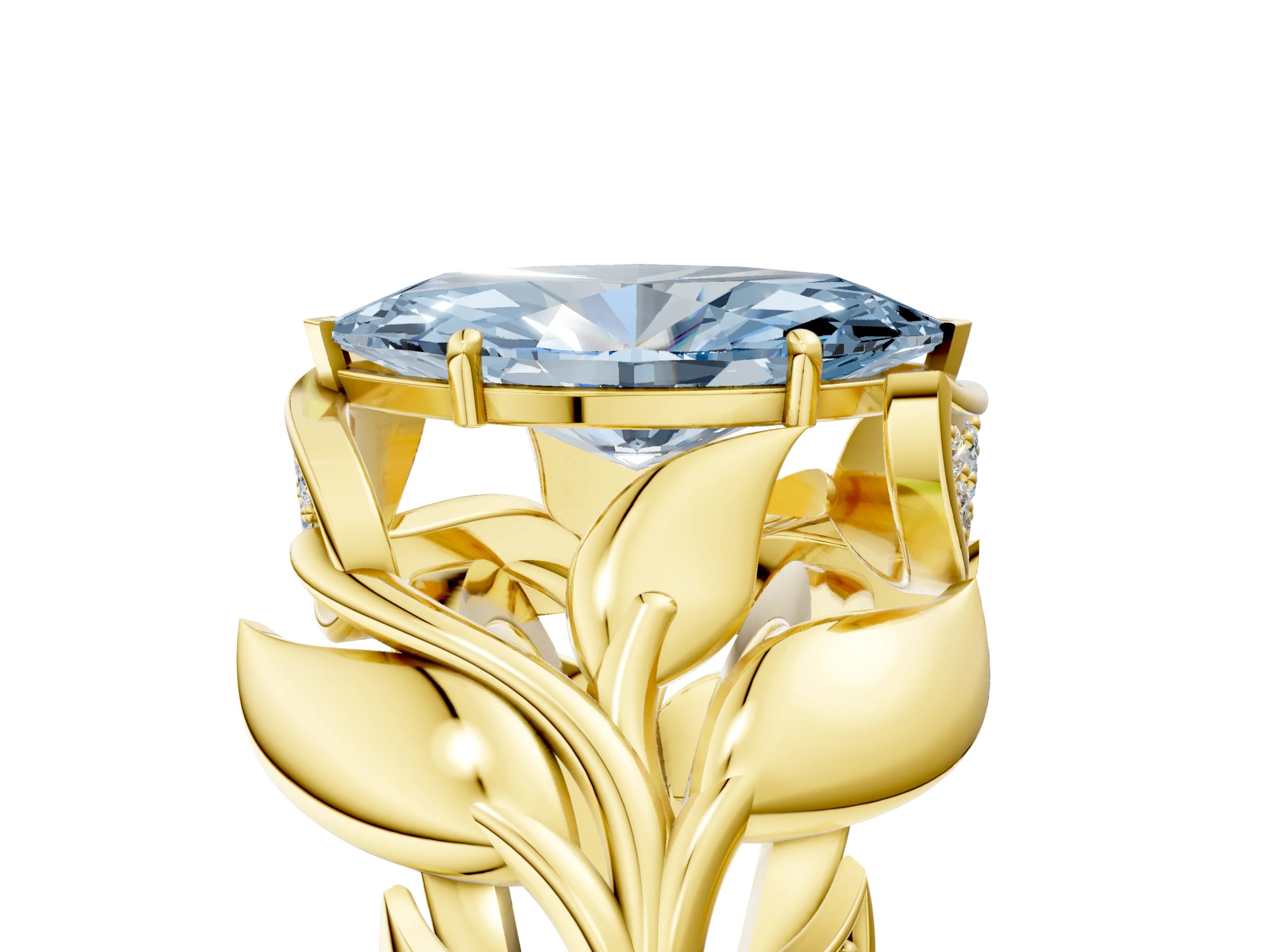 Yellow gold Fancy Blue Marquise Cut Solitaire Leaf-Inspired Engagement Ring with Prong Setting_5