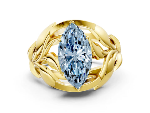 Yellow gold Fancy Blue Marquise Cut Solitaire Leaf-Inspired Engagement Ring with Prong Setting