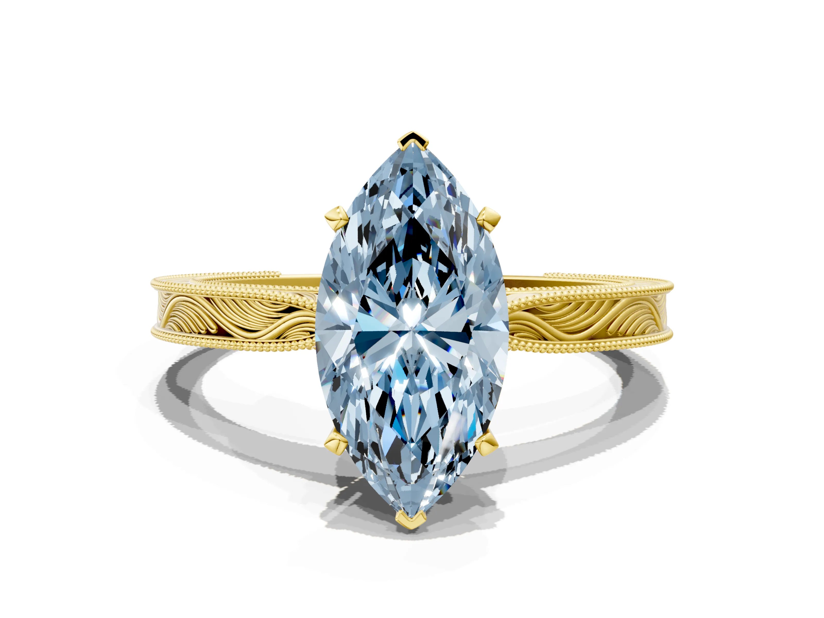 Yellow gold Fancy Blue Marquise Cut Solitaire Milgrain Engraved Band with Four-Prong Setting