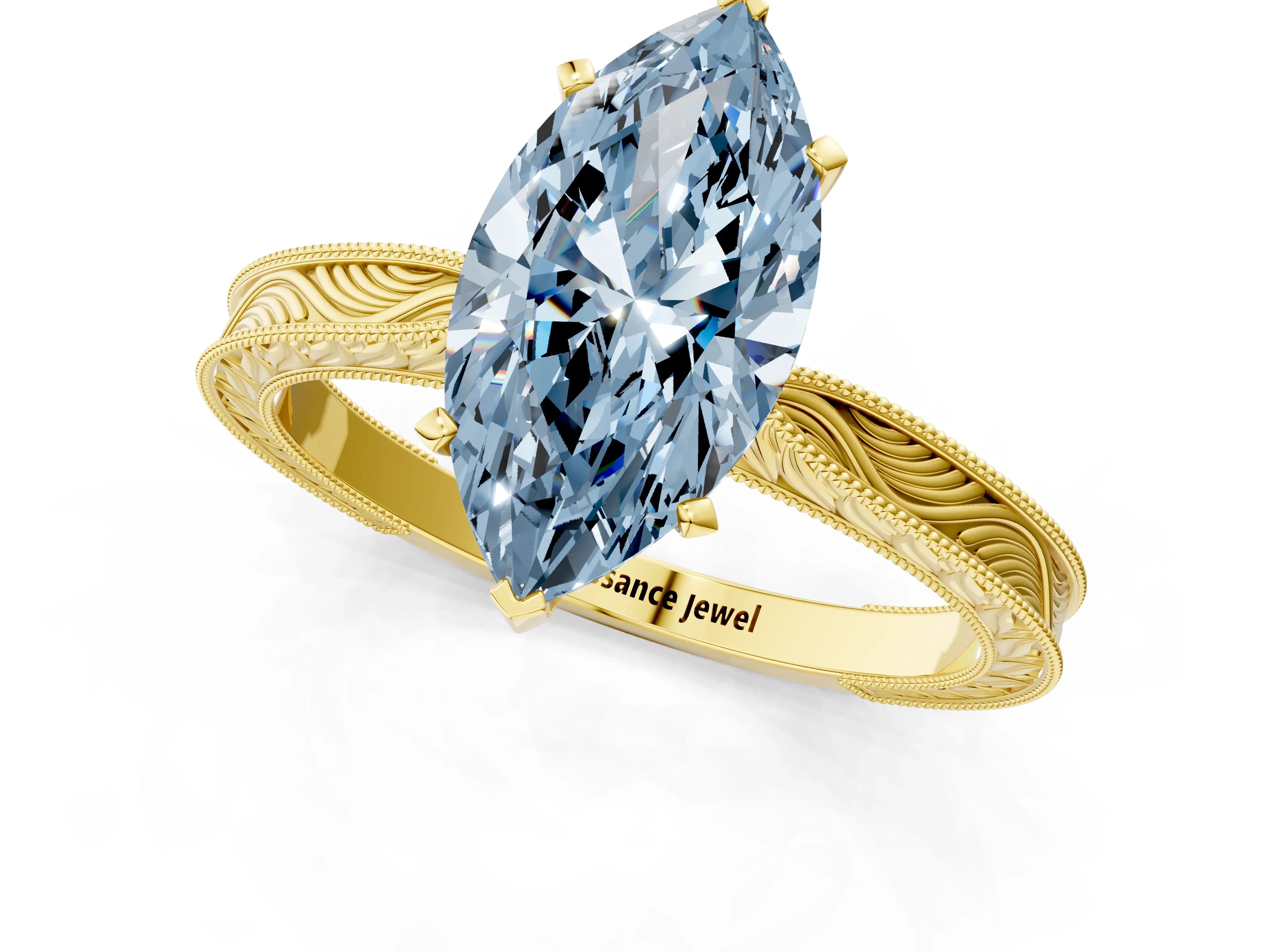 Yellow gold Fancy Blue Marquise Cut Solitaire Milgrain Engraved Band with Four-Prong Setting_1
