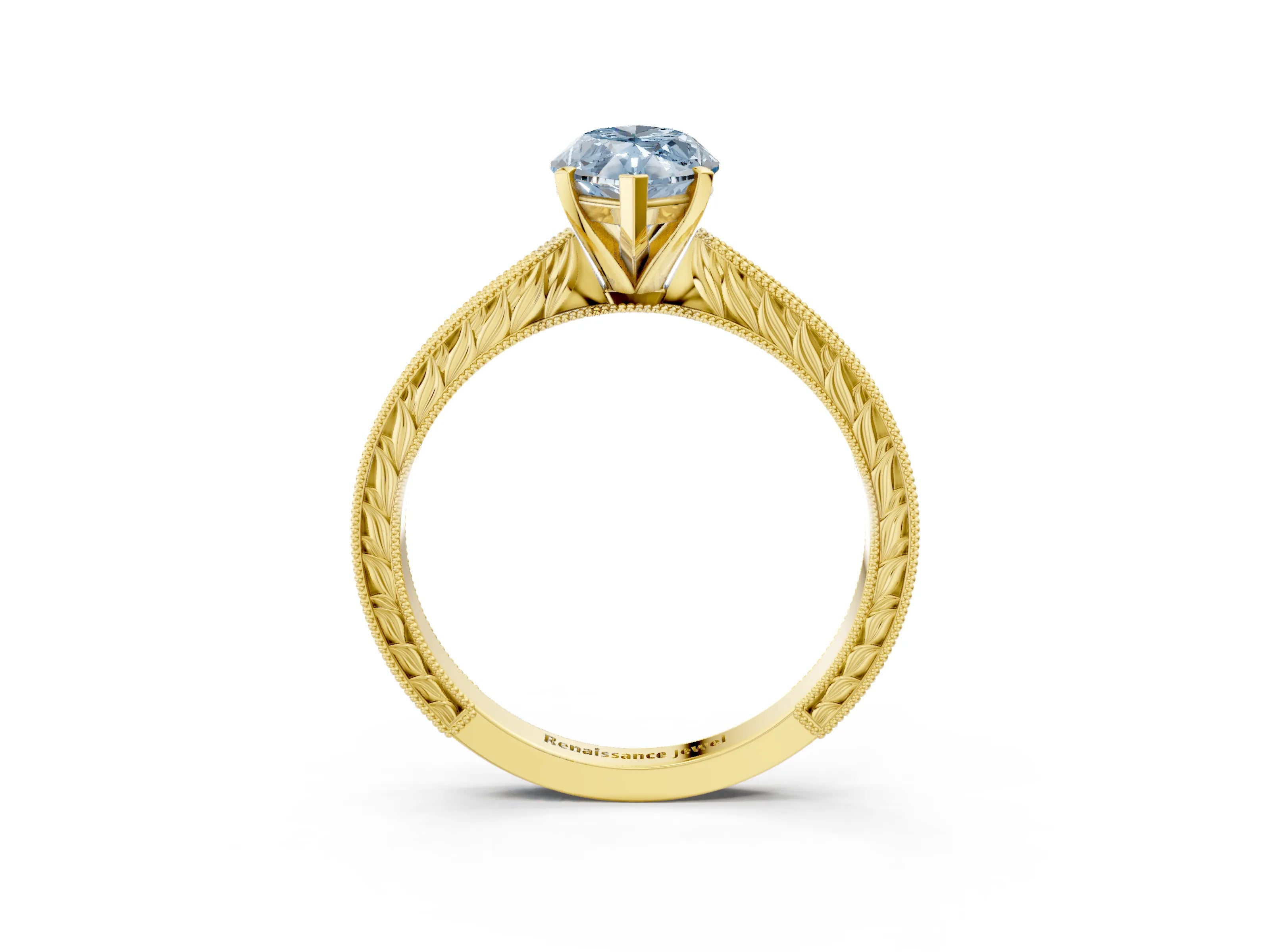 Yellow gold Fancy Blue Marquise Cut Solitaire Milgrain Engraved Band with Four-Prong Setting_3