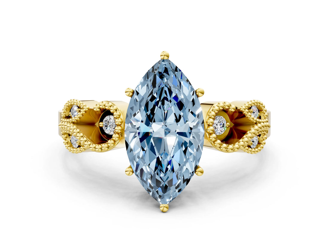 Yellow gold Fancy Blue Marquise Cut Solitaire Milgrain Leaf Band with Prong Setting