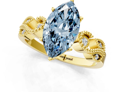 Yellow gold Fancy Blue Marquise Cut Solitaire Milgrain Leaf Band with Prong Setting_1