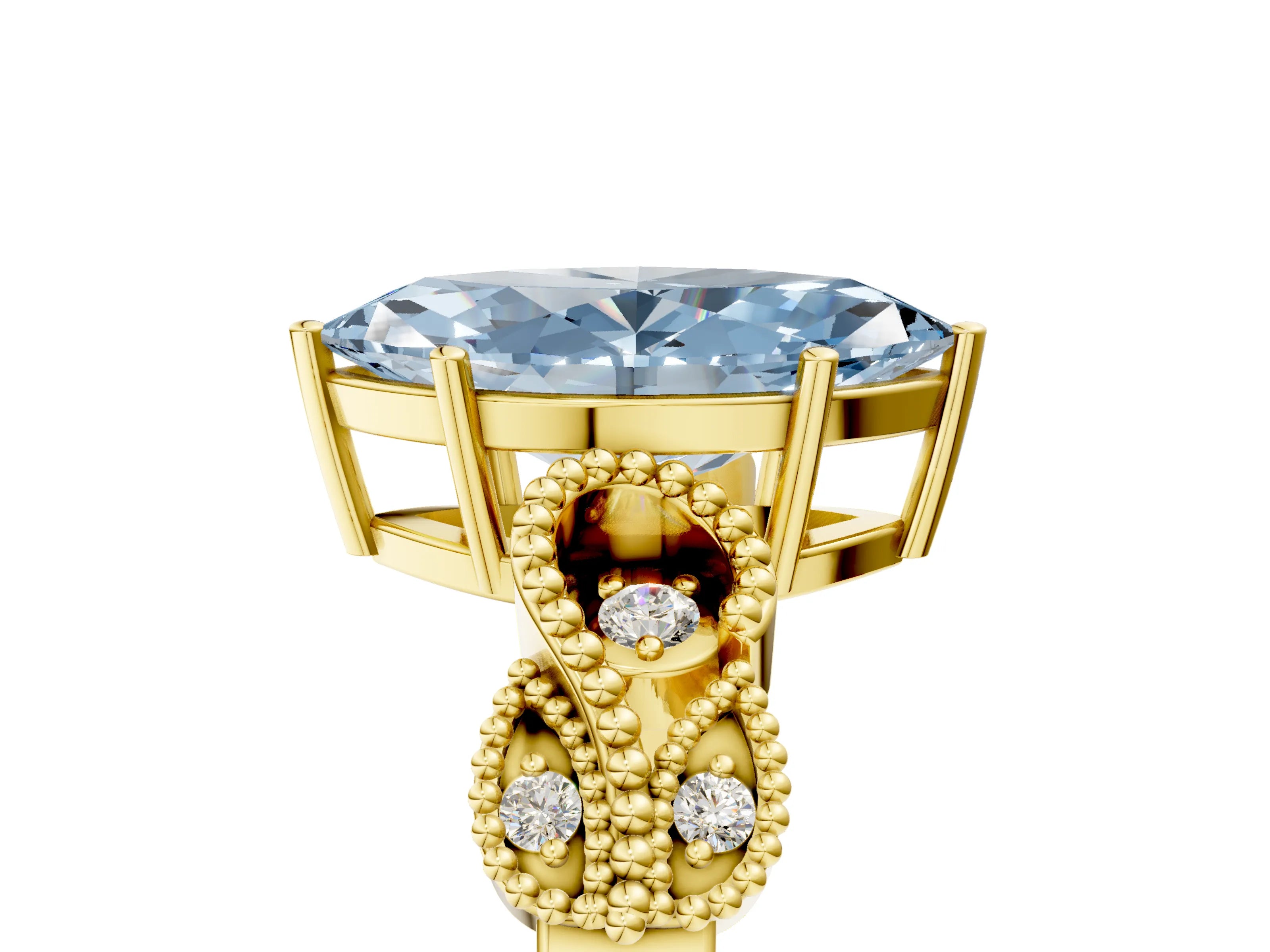 Yellow gold Fancy Blue Marquise Cut Solitaire Milgrain Leaf Band with Prong Setting_5