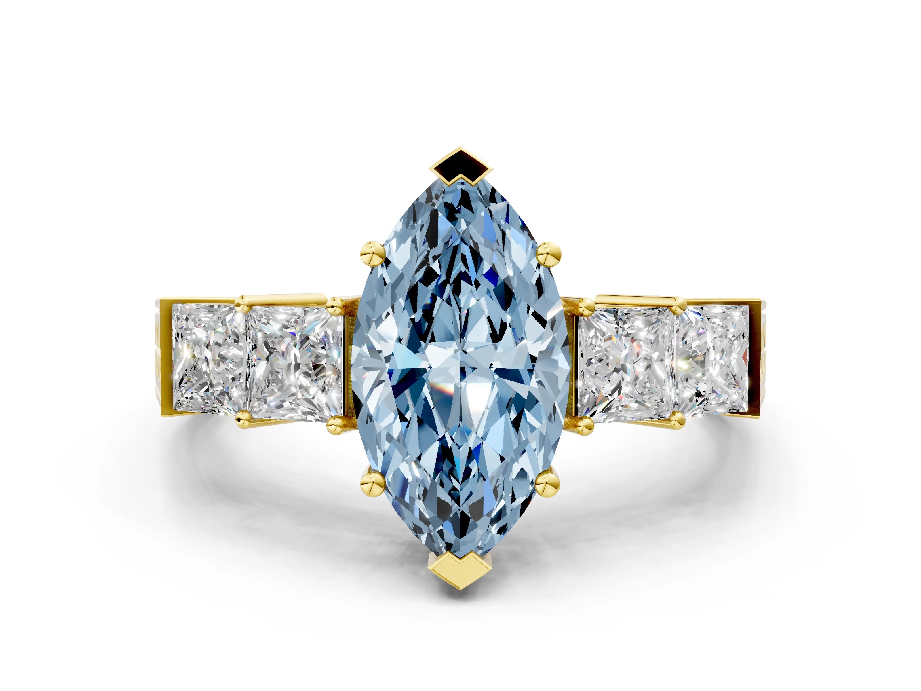 Yellow gold Fancy Blue Marquise Cut Solitaire Princess Side Stone Engraved Band Prong Setting Ring