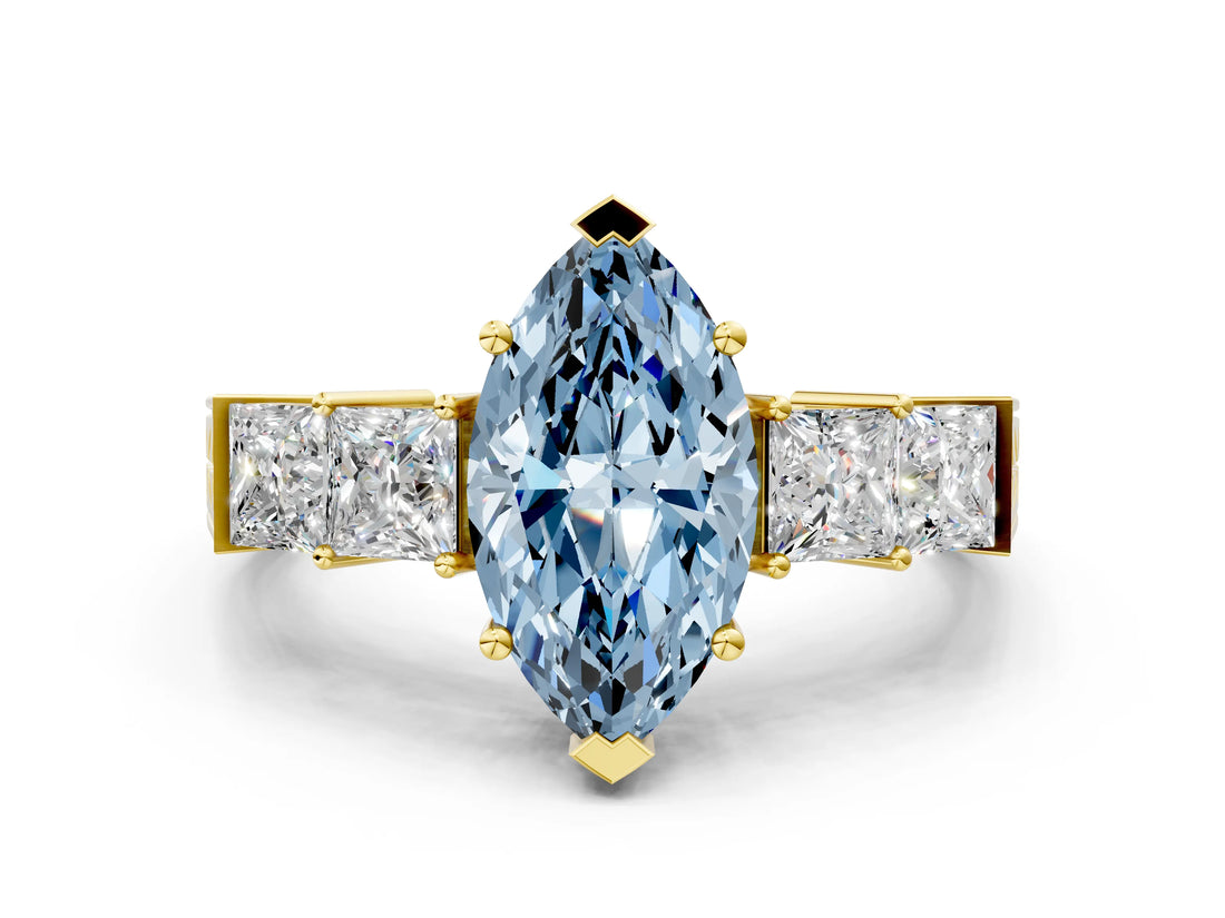 Yellow gold Fancy Blue Marquise Cut Solitaire Princess Side Stone Engraved Band Prong Setting Ring