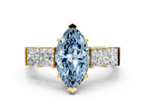 Yellow gold Fancy Blue Marquise Cut Solitaire Princess Side Stone Engraved Band Prong Setting Ring