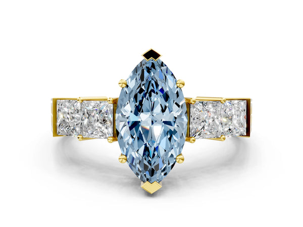 Yellow gold Fancy Blue Marquise Cut Solitaire Princess Side Stone Engraved Band Prong Setting Ring