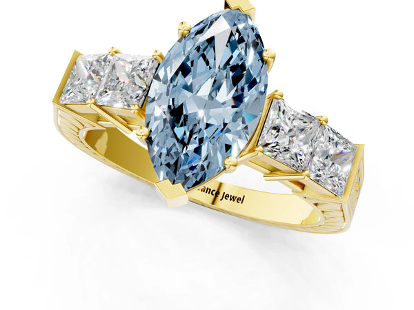 Yellow gold Fancy Blue Marquise Cut Solitaire Princess Side Stone Engraved Band Prong Setting Ring