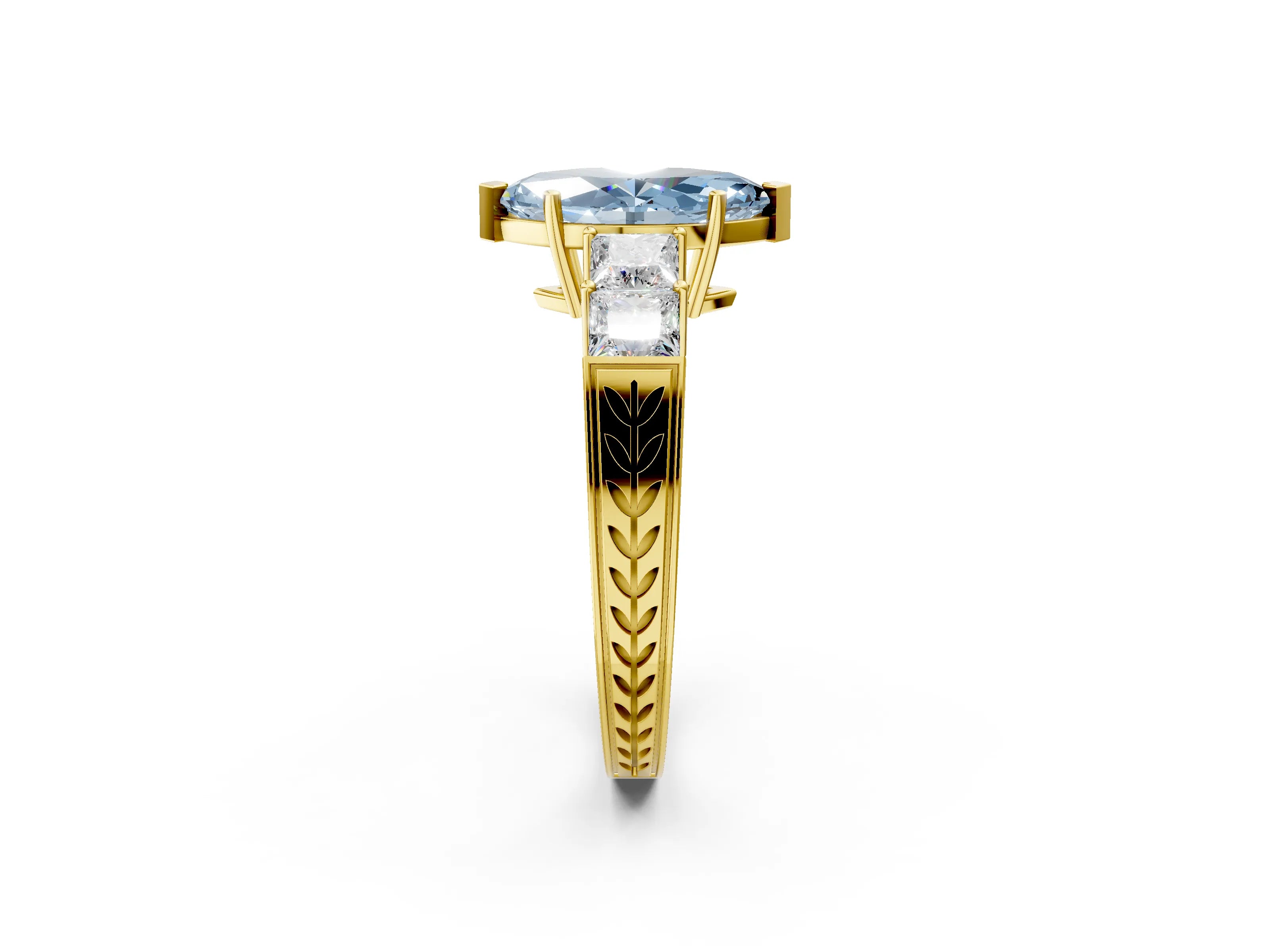 Yellow gold Fancy Blue Marquise Cut Solitaire Princess Side Stone Engraved Band Prong Setting Ring_2