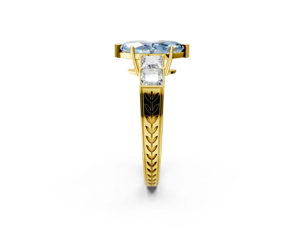 Yellow gold Fancy Blue Marquise Cut Solitaire Princess Side Stone Engraved Band Prong Setting Ring