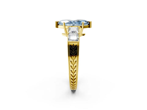 Yellow gold Fancy Blue Marquise Cut Solitaire Princess Side Stone Engraved Band Prong Setting Ring_2