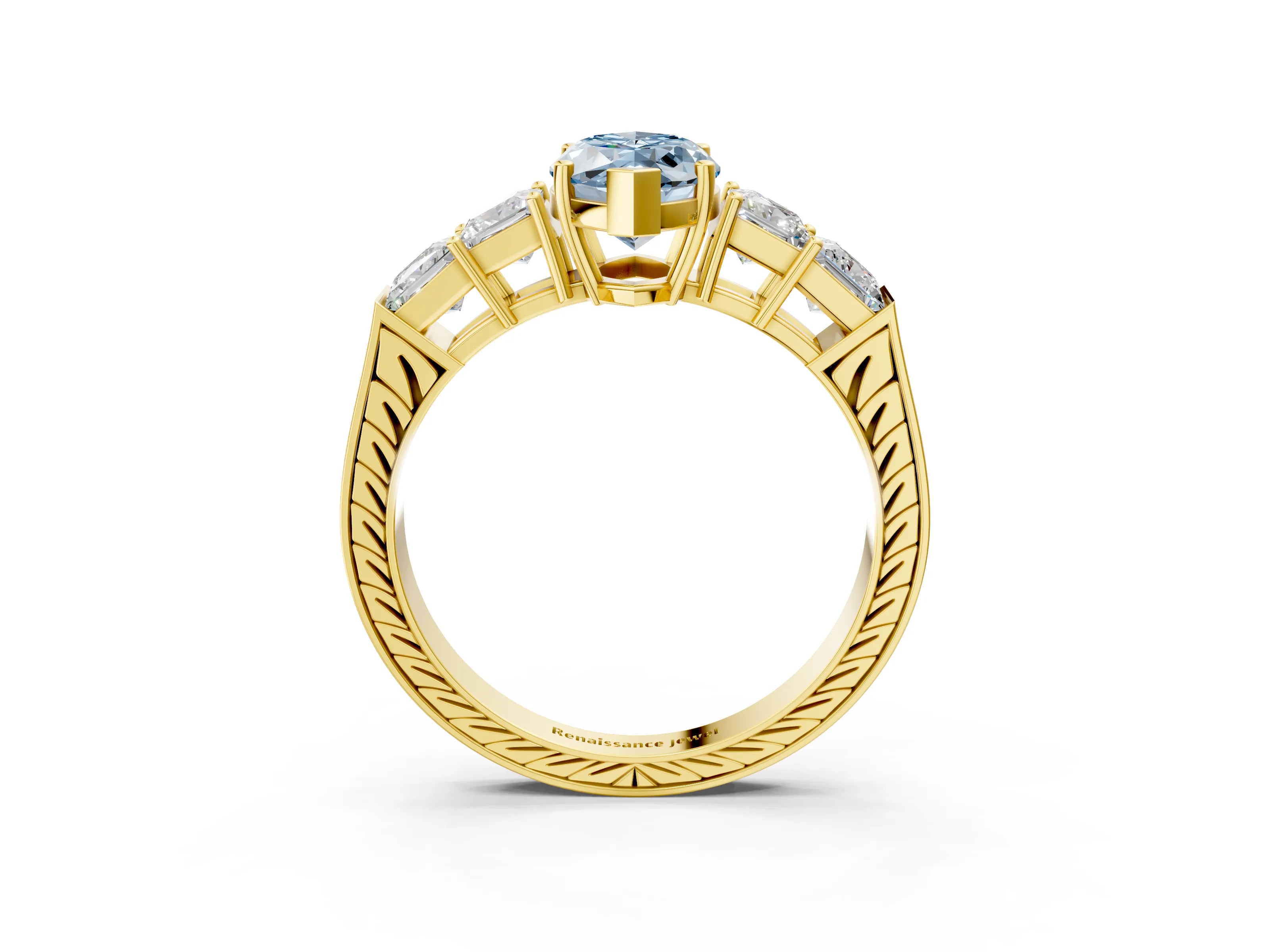 Yellow gold Fancy Blue Marquise Cut Solitaire Princess Side Stone Engraved Band Prong Setting Ring_3