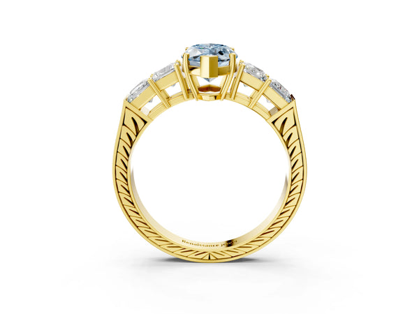 Yellow gold Fancy Blue Marquise Cut Solitaire Princess Side Stone Engraved Band Prong Setting Ring