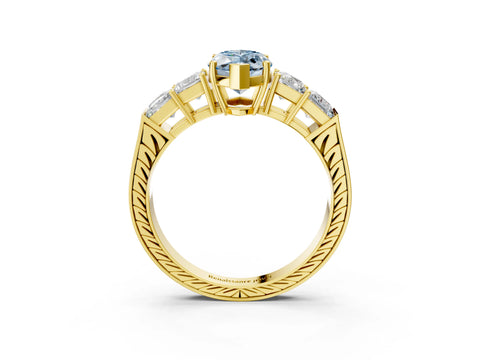 Yellow gold Fancy Blue Marquise Cut Solitaire Princess Side Stone Engraved Band Prong Setting Ring_3