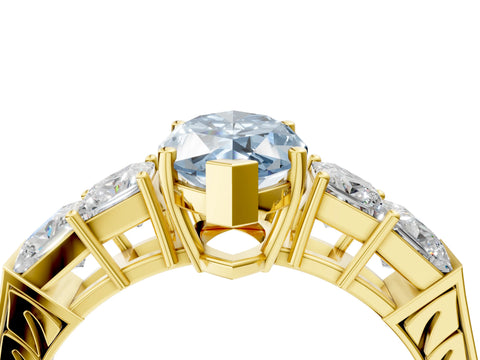 Yellow gold Fancy Blue Marquise Cut Solitaire Princess Side Stone Engraved Band Prong Setting Ring_4