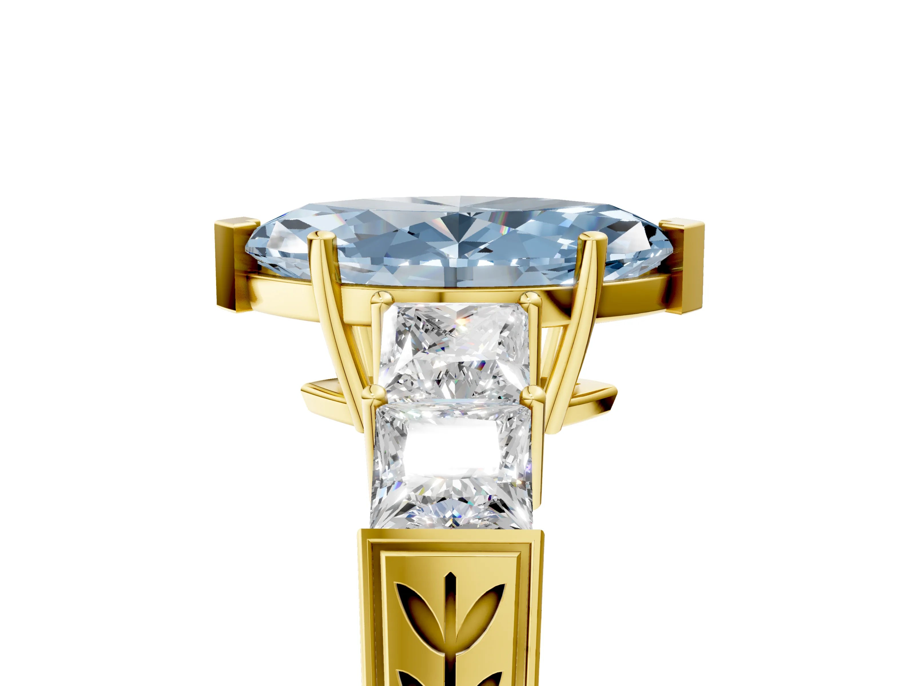 Yellow gold Fancy Blue Marquise Cut Solitaire Princess Side Stone Engraved Band Prong Setting Ring_5