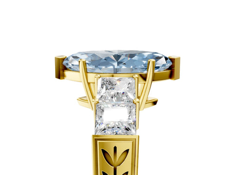 Yellow gold Fancy Blue Marquise Cut Solitaire Princess Side Stone Engraved Band Prong Setting Ring_5