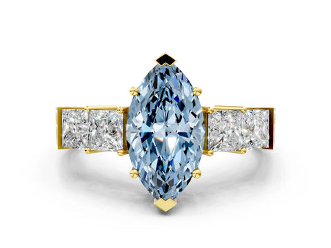 Yellow gold Fancy Blue Marquise Cut Solitaire Princess Side Stone Engraved Band Prong Setting Ring