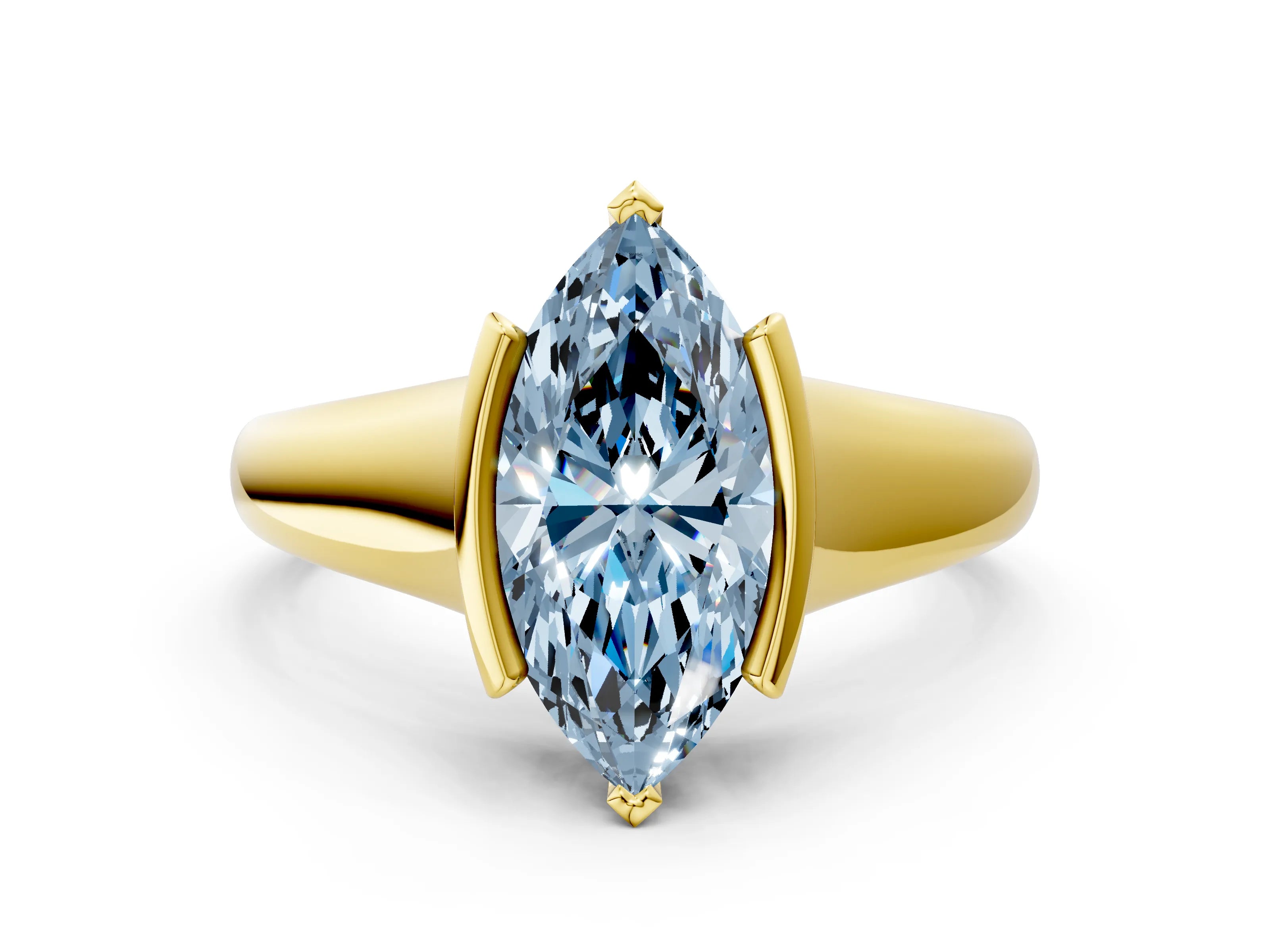 Yellow gold Fancy Blue Marquise Cut Solitaire Tension Set Diamond Ring with Split Shank Band
