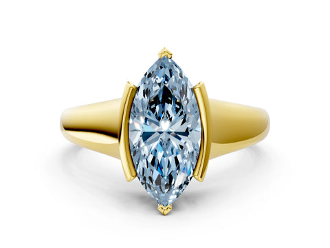 Yellow gold Fancy Blue Marquise Cut Solitaire Tension Set Diamond Ring with Split Shank Band