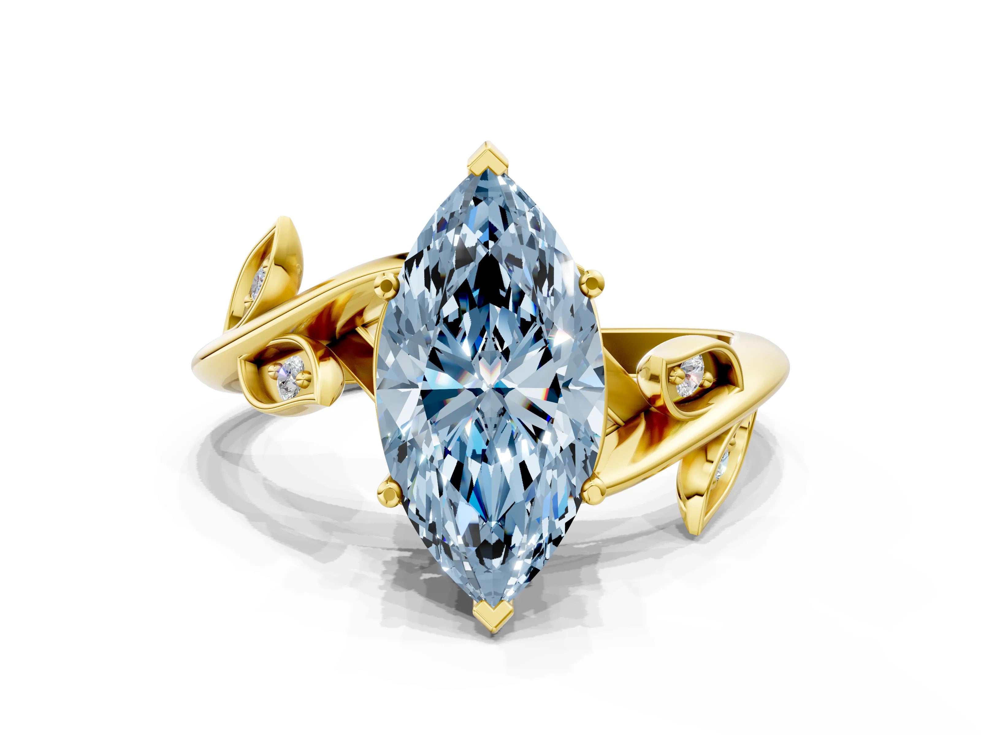 Yellow gold Fancy Blue Marquise Cut Solitaire Twist Engagement Ring with Leaf Accents and Prong Setting