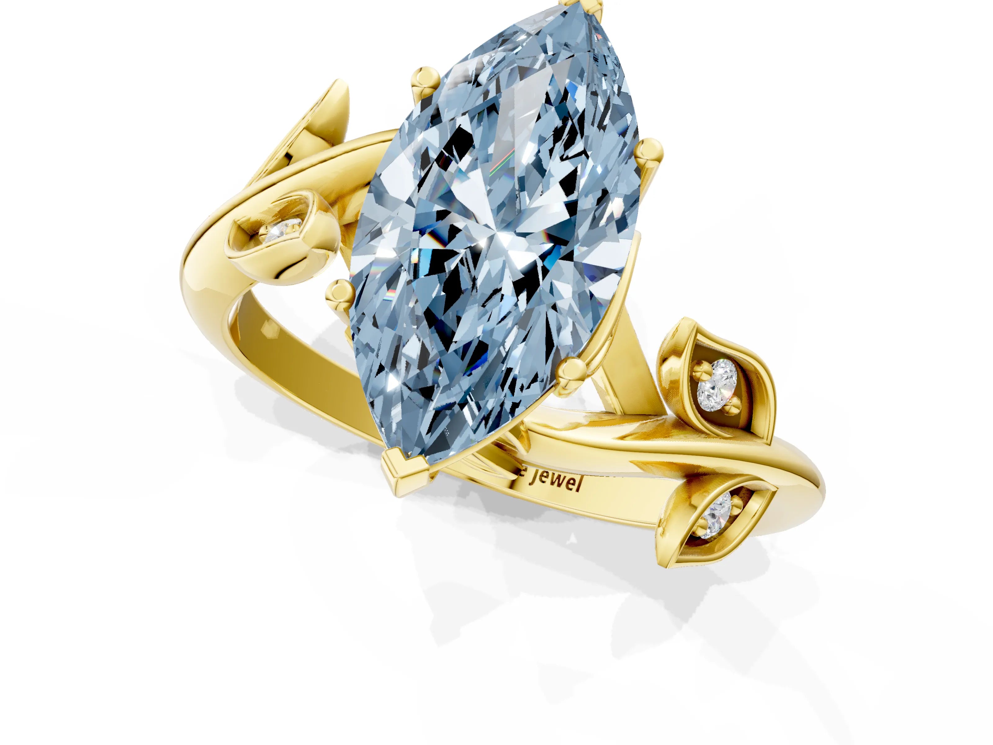 Yellow gold Fancy Blue Marquise Cut Solitaire Twist Engagement Ring with Leaf Accents and Prong Setting_1