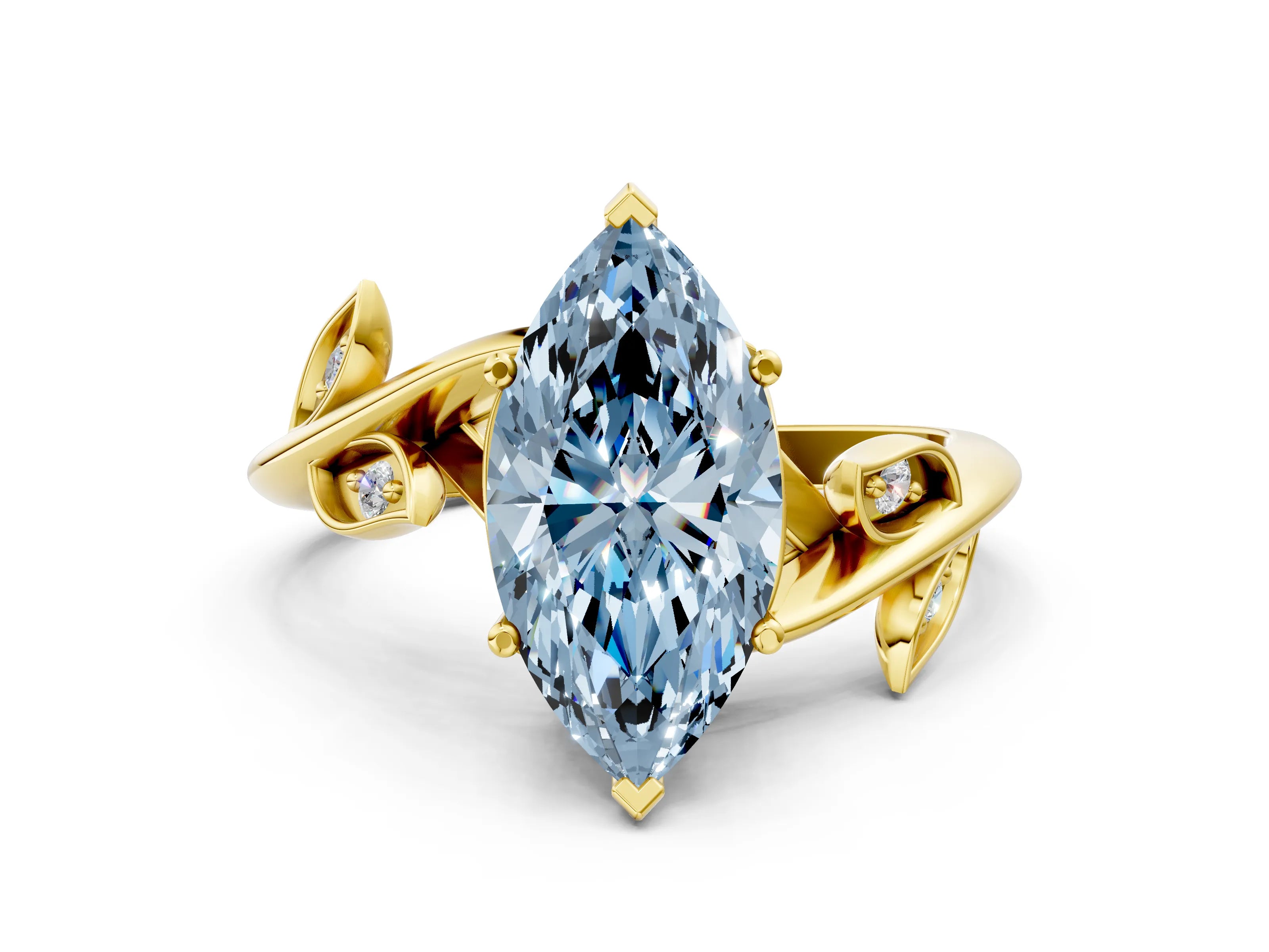 Yellow gold Fancy Blue Marquise Cut Solitaire Twist Engagement Ring with Leaf Accents and Prong Setting_12