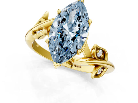Yellow gold Fancy Blue Marquise Cut Solitaire Twist Engagement Ring with Leaf Accents and Prong Setting_13
