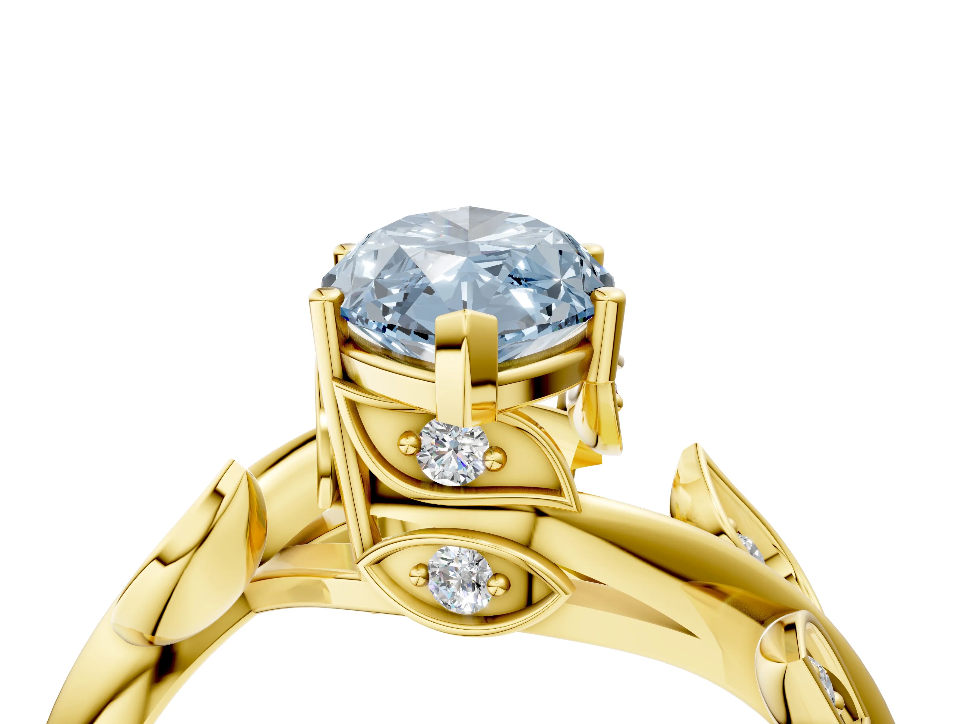 Yellow gold Fancy Blue Marquise Cut Solitaire Twist Engagement Ring with Leaf Accents and Prong Setting_16