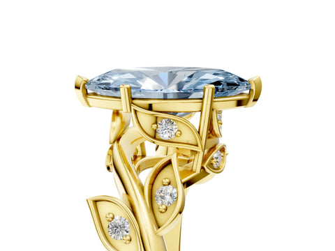 Yellow gold Fancy Blue Marquise Cut Solitaire Twist Engagement Ring with Leaf Accents and Prong Setting_17