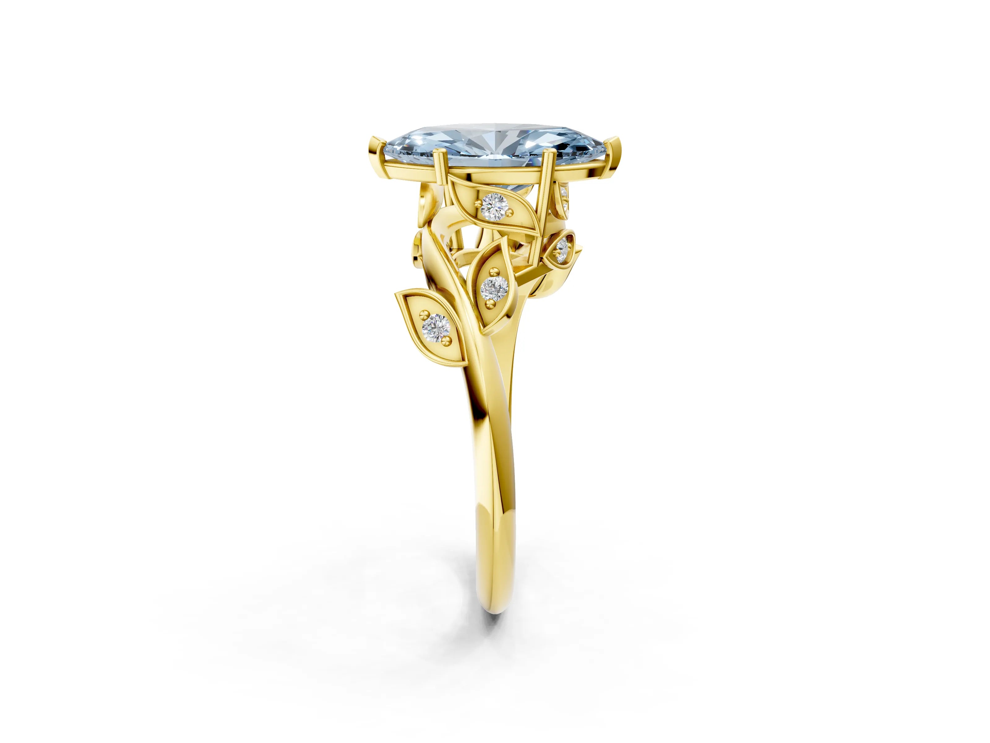 Yellow gold Fancy Blue Marquise Cut Solitaire Twist Engagement Ring with Leaf Accents and Prong Setting_2