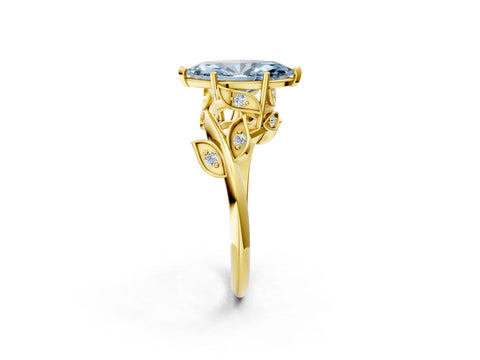 Yellow gold Fancy Blue Marquise Cut Solitaire Twist Engagement Ring with Leaf Accents and Prong Setting_2