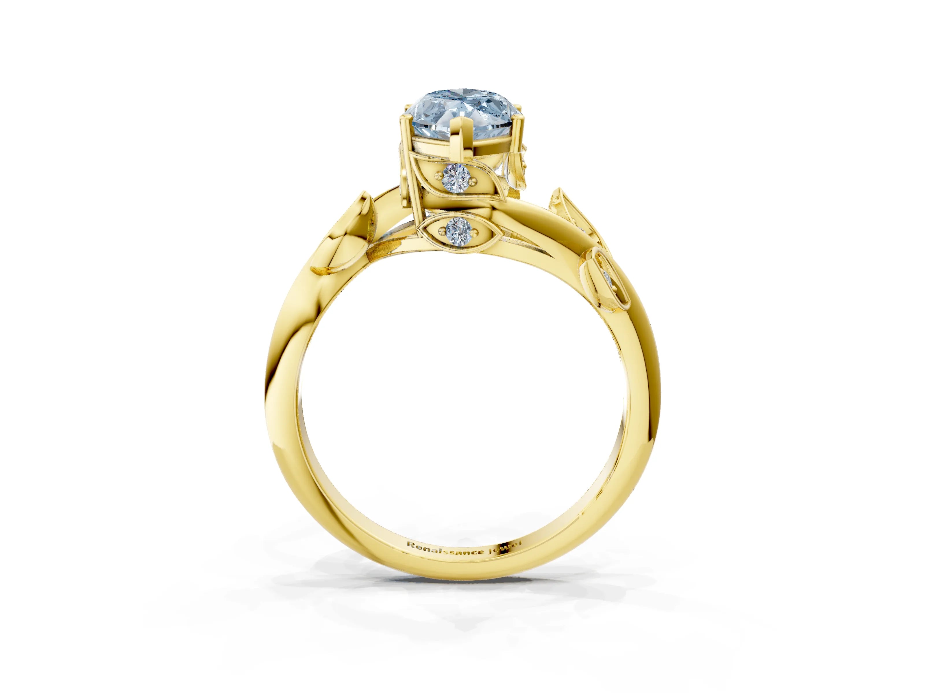 Yellow gold Fancy Blue Marquise Cut Solitaire Twist Engagement Ring with Leaf Accents and Prong Setting_3