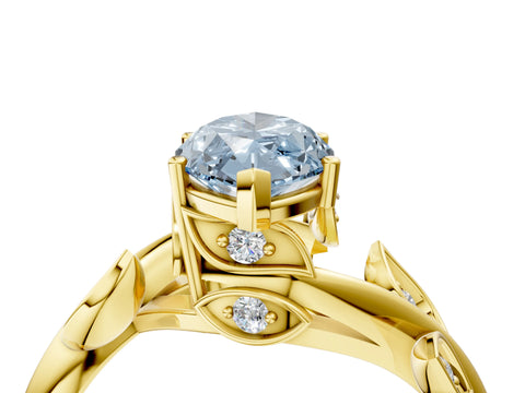 Yellow gold Fancy Blue Marquise Cut Solitaire Twist Engagement Ring with Leaf Accents and Prong Setting_4