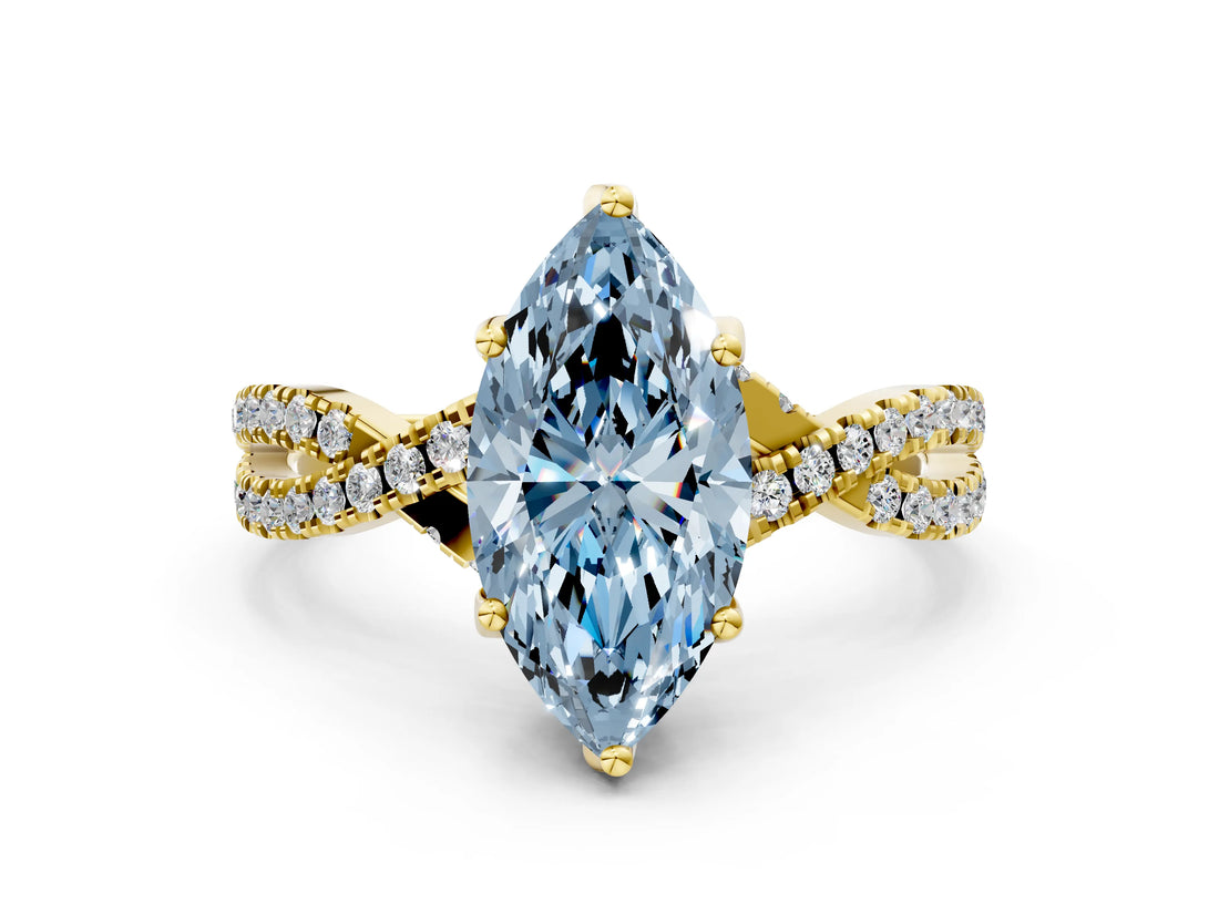 Yellow gold Fancy Blue Marquise Cut Solitaire Twist Pave Diamond Engagement Ring with Prong Setting